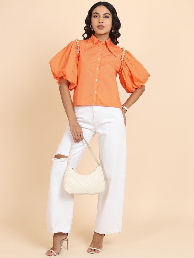 Tokyo Talkies Women Coral Solid Casual Shirts 