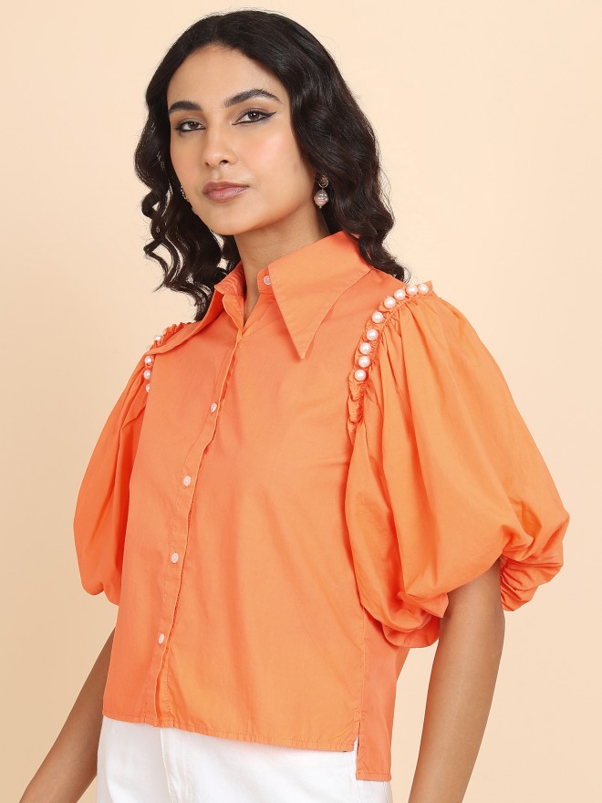 Tokyo Talkies Women Coral Solid Casual Shirts 