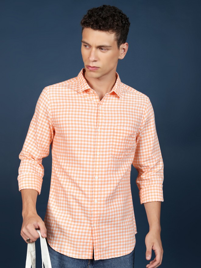 Highlander Men Orange Checked Slim Fit Casual Shirts 