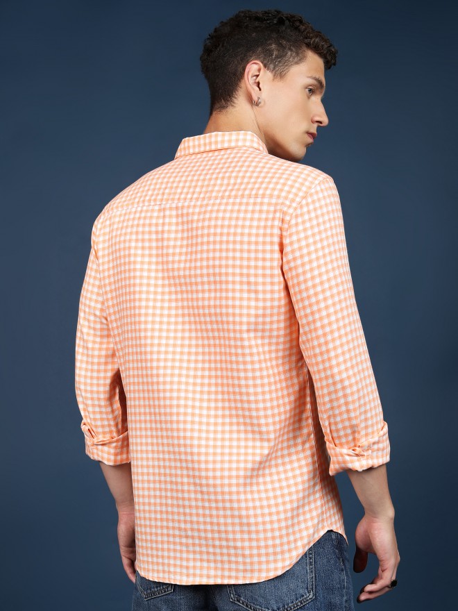 Highlander Men Orange Checked Slim Fit Casual Shirts 