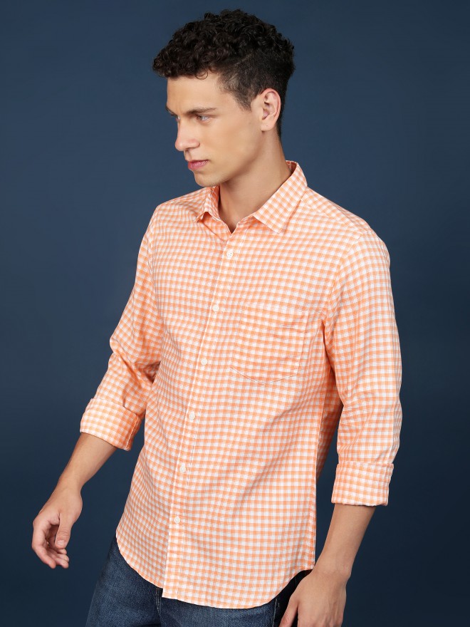 Highlander Men Orange Checked Slim Fit Casual Shirts 