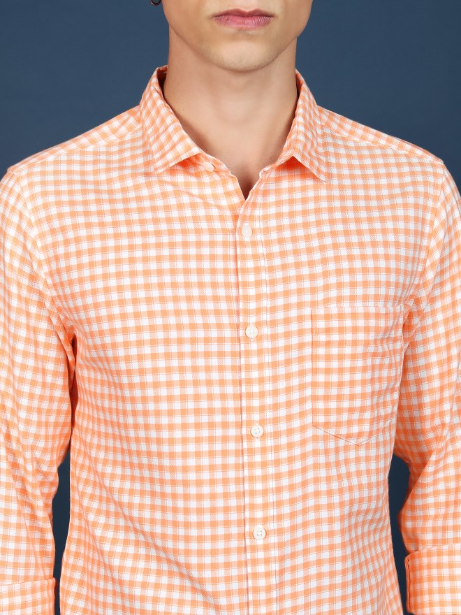 Highlander Men Orange Checked Slim Fit Casual Shirts 