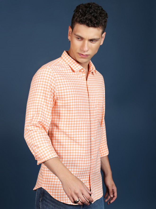 Highlander Men Orange Checked Slim Fit Casual Shirts 