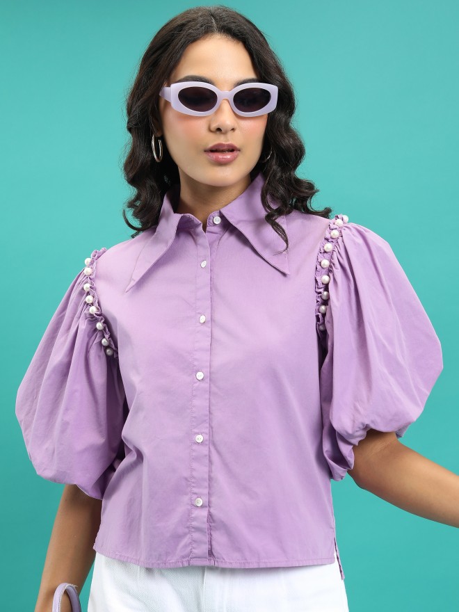 Tokyo Talkies Women Purple Solid Casual Shirts 