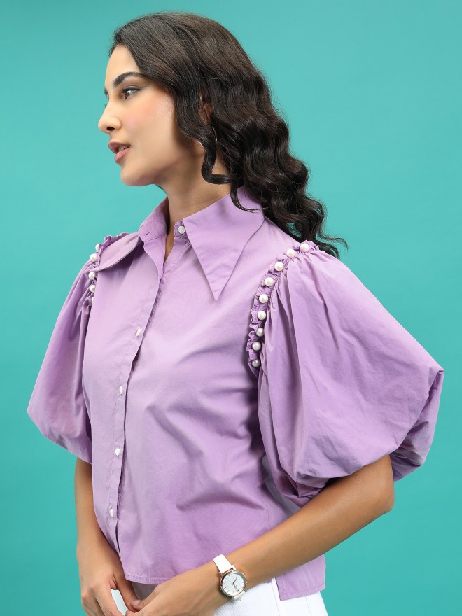 Tokyo Talkies Women Purple Solid Casual Shirts 