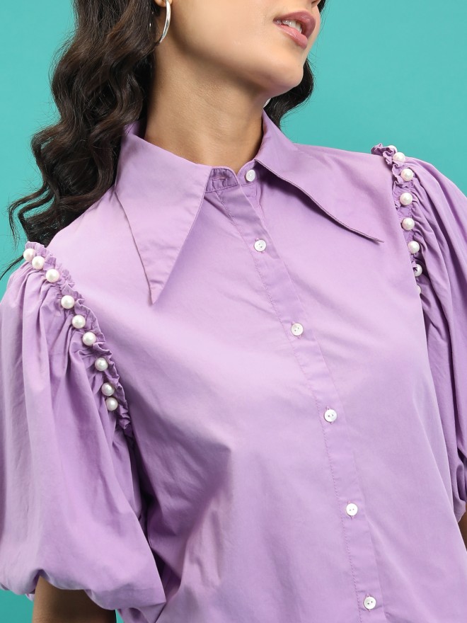 Tokyo Talkies Women Purple Solid Casual Shirts 