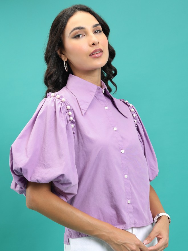 Tokyo Talkies Women Purple Solid Casual Shirts 