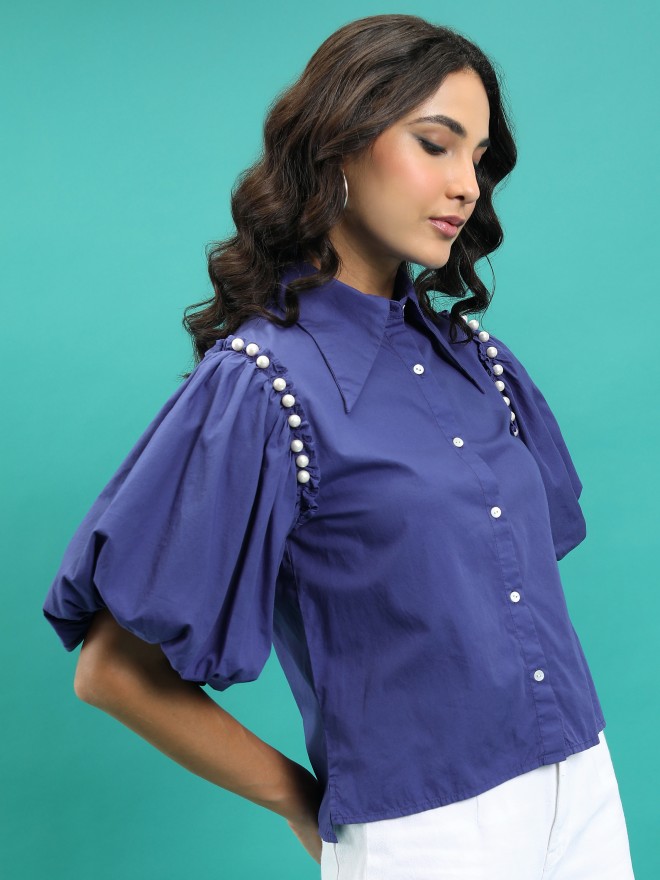 Tokyo Talkies Women Blue Solid Casual Shirts 