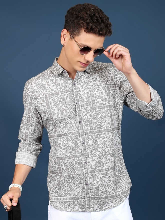 Ketch Men Grey Printed Slim Fit Casual Shirts 