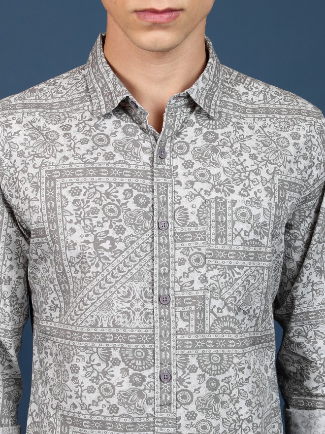 Ketch Men Grey Printed Slim Fit Casual Shirts 