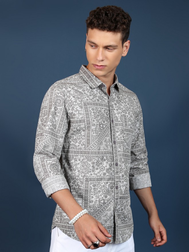 Ketch Men Grey Printed Slim Fit Casual Shirts 