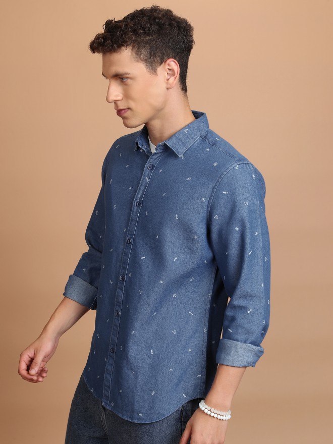 Highlander Men Blue Printed Slim Fit Casual Shirts 