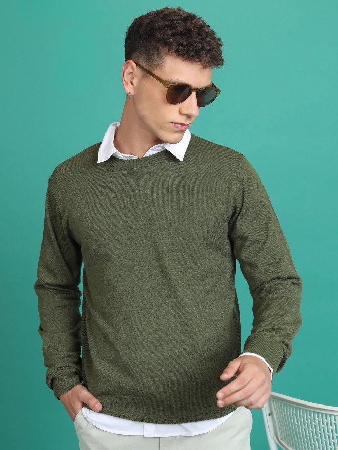 Highlander Men Green Round Neck Pullover Sweaters 