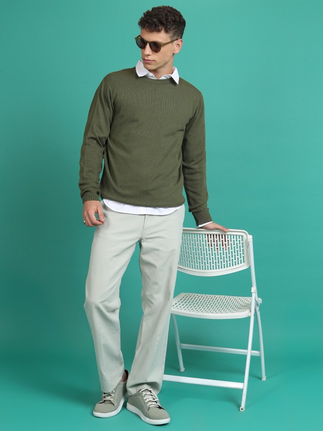 Highlander Men Green Round Neck Pullover Sweaters 