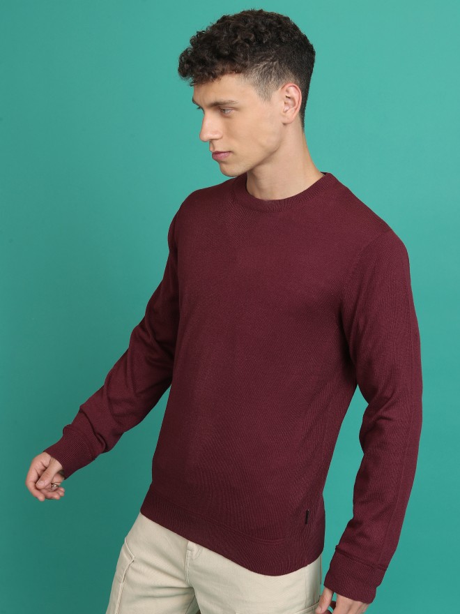 Highlander Men Red Round Neck Pullover Sweaters 