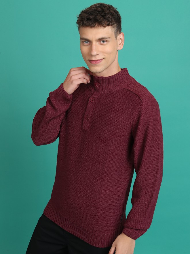 Highlander Men Red High Neck Pullover Sweaters 