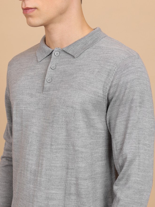 Highlander Men Grey Polo Collar Pullover Sweaters