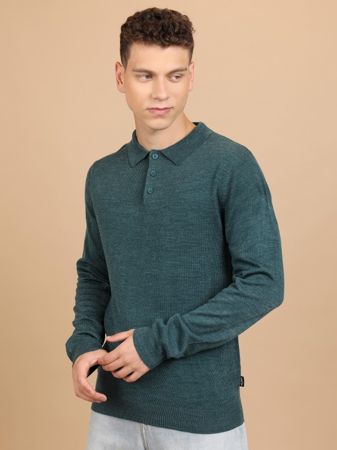 Highlander Men Green Polo Collar Pullover Sweaters