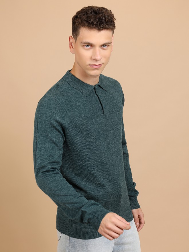 Highlander Men Green Polo Collar Pullover Sweaters