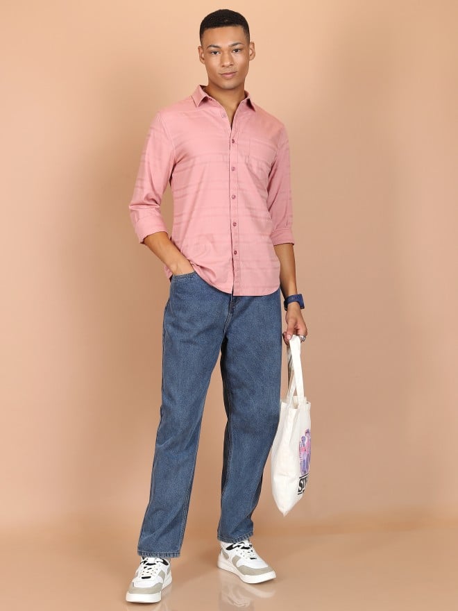 Highlander Men Pink Striped Slim Fit Casual Shirts 