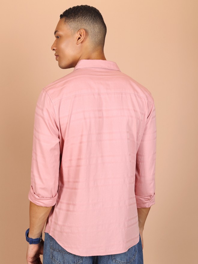 Highlander Men Pink Striped Slim Fit Casual Shirts 