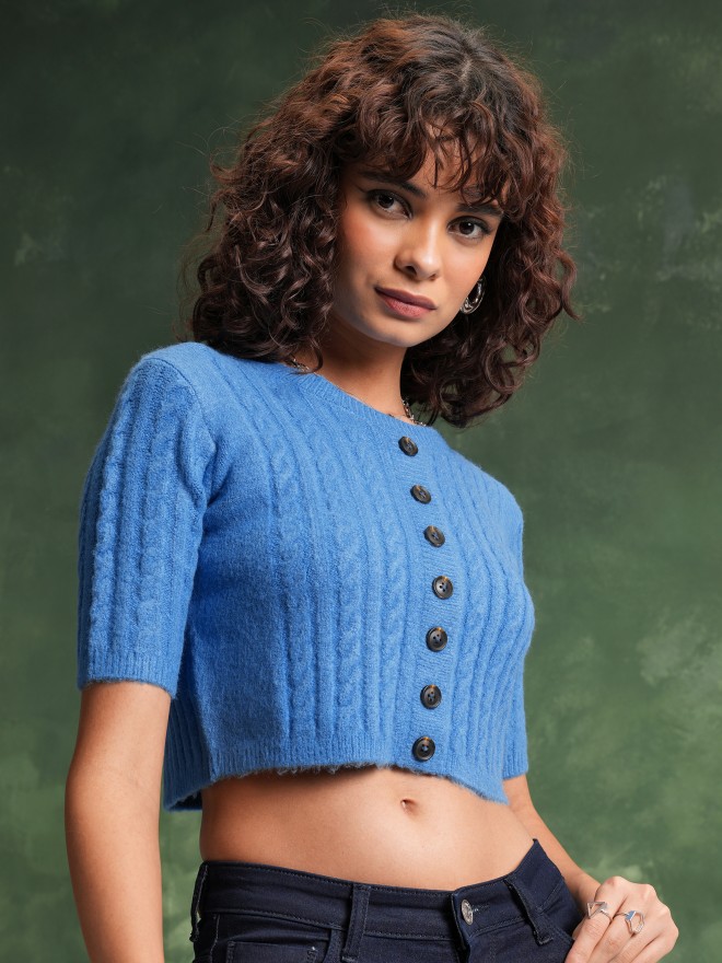 Buy Tokyo Talkies Green/Lavender V Neck Crop Sweater for Women