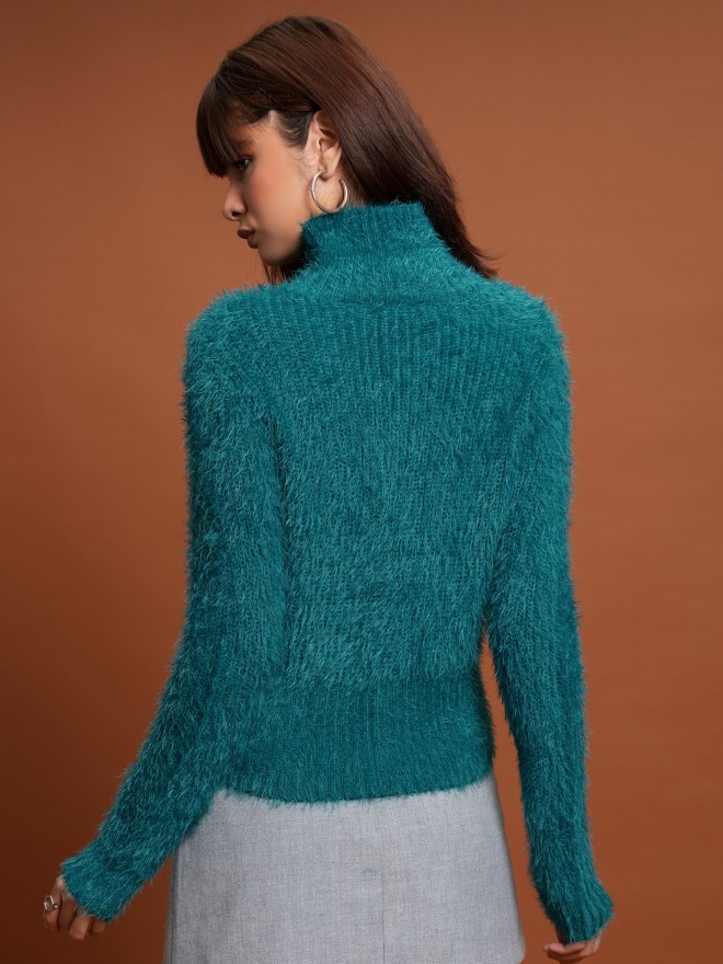 Tokyo Talkies Women Teal Turtle Neck Sweaters 