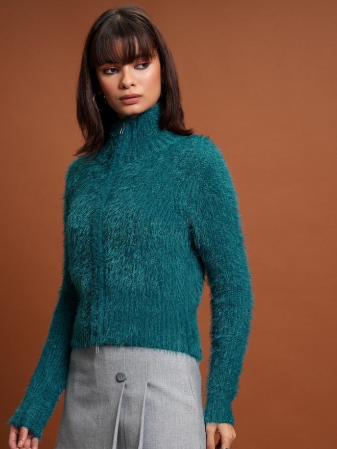 Tokyo Talkies Women Teal Turtle Neck Sweaters 