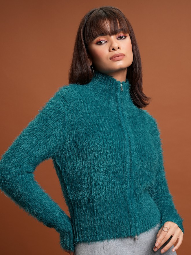 Tokyo Talkies Women Teal Turtle Neck Sweaters 