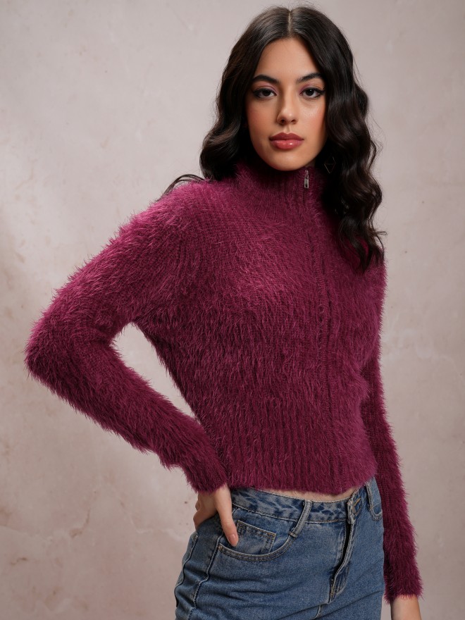 Tokyo Talkies Women Maroon Turtle Neck Sweaters 