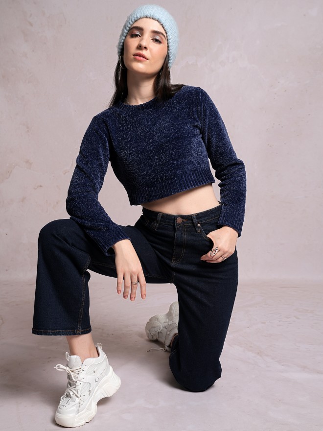 Tokyo Talkies Women Navy Blue Round Neck Sweaters 