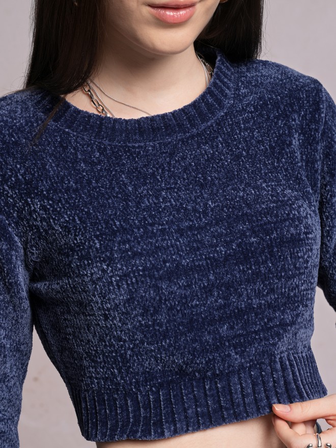 Tokyo Talkies Women Navy Blue Round Neck Sweaters 