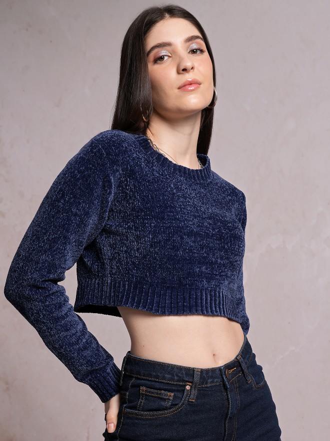 Tokyo Talkies Women Navy Blue Round Neck Sweaters 