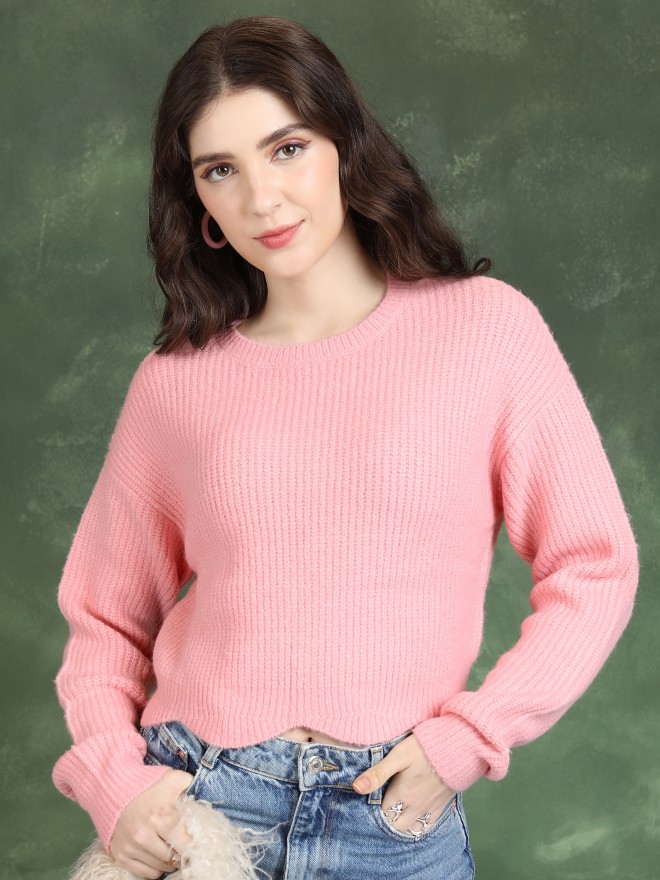 Tokyo Talkies Women Pink Round Neck Sweaters 