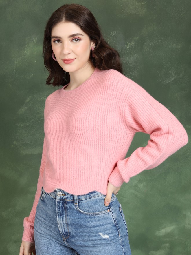 Tokyo Talkies Women Pink Round Neck Sweaters 