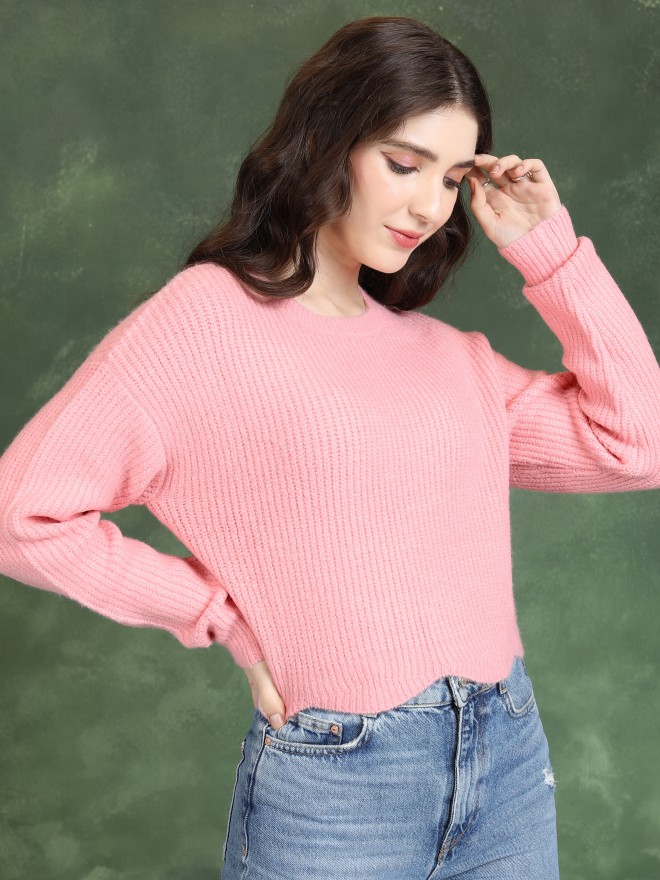 Tokyo Talkies Women Pink Round Neck Sweaters 