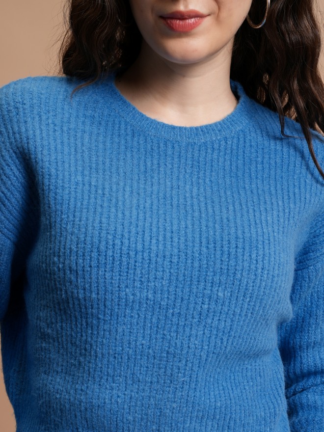 Tokyo Talkies Women Blue Round Neck Sweaters 