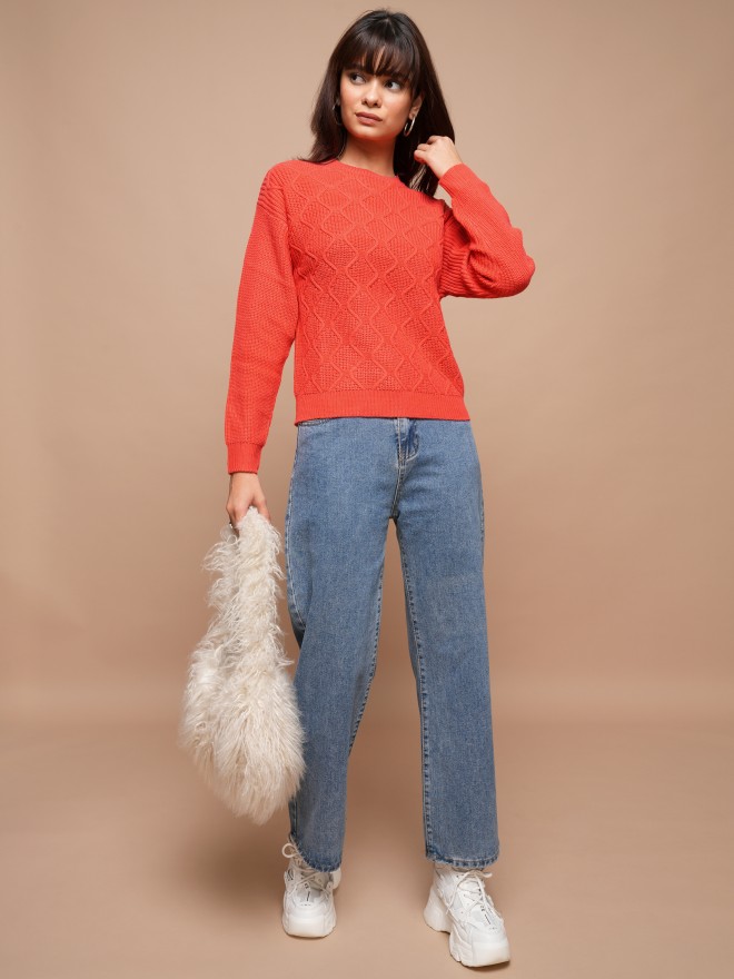 Tokyo Talkies Women Red Round Neck Sweaters 