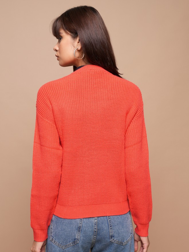 Tokyo Talkies Women Red Round Neck Sweaters 