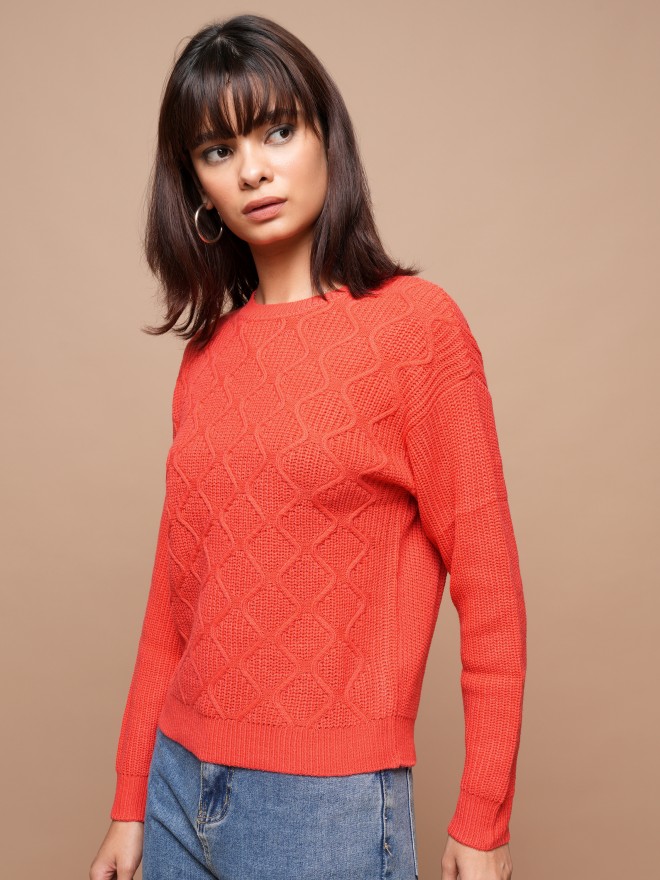 Tokyo Talkies Women Red Round Neck Sweaters 