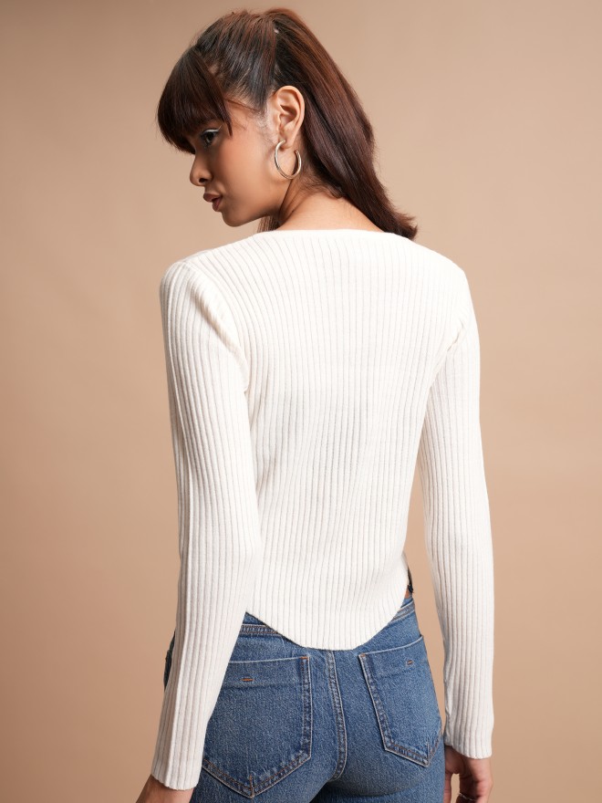 Tokyo Talkies Women White V-Neck Sweaters 