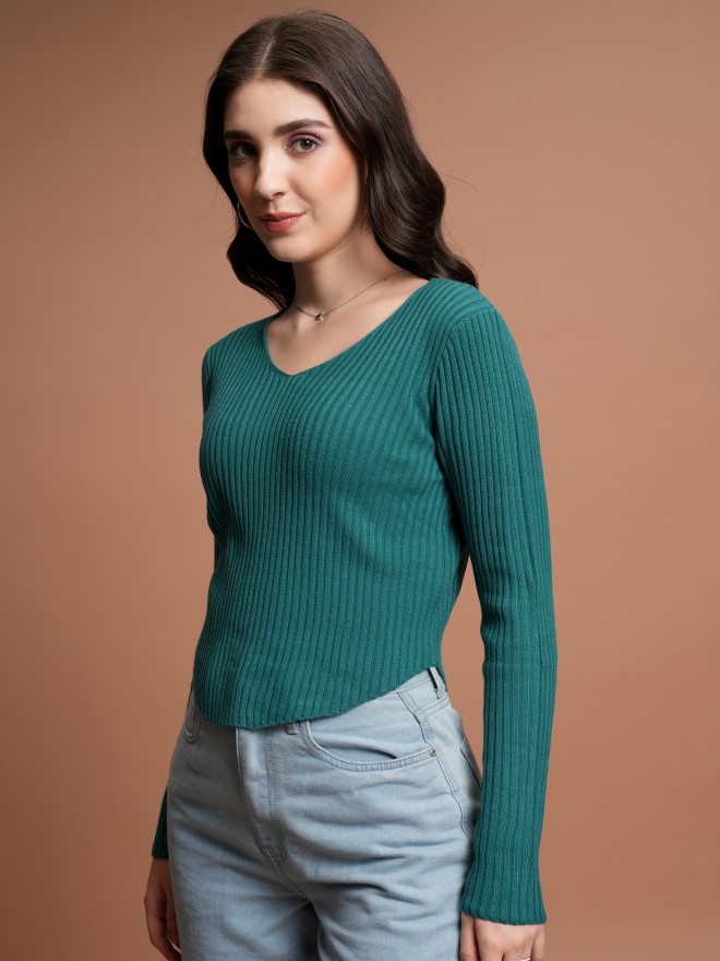 Tokyo Talkies Women Teal Scoop Neck Sweaters 