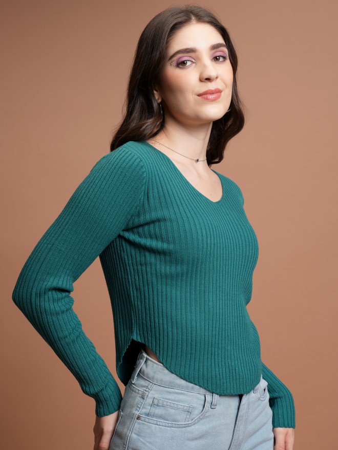 Tokyo Talkies Women Teal Scoop Neck Sweaters 