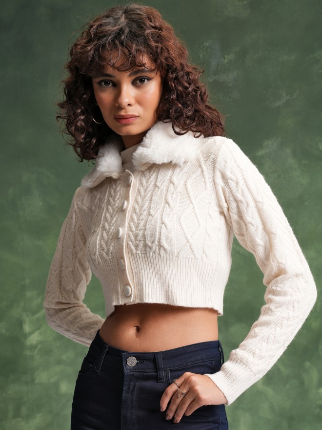 White cropped store cable knit sweater