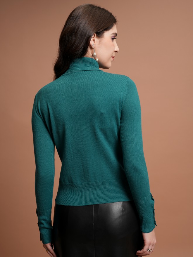 Tokyo Talkies Women Teal Turtle Neck Sweaters 