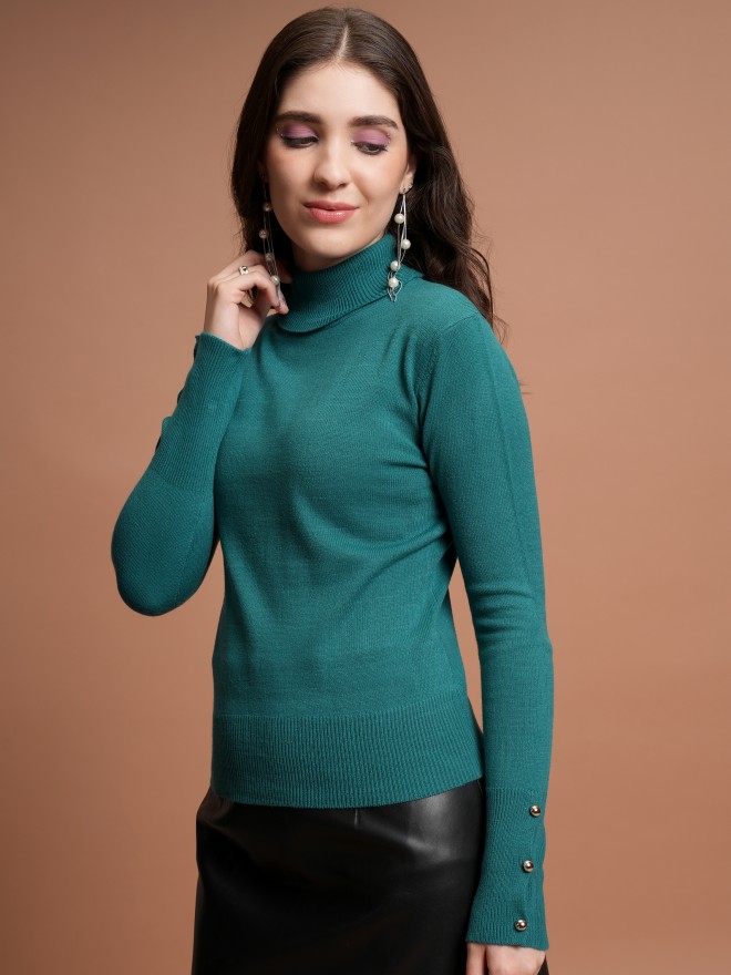 Tokyo Talkies Women Teal Turtle Neck Sweaters 