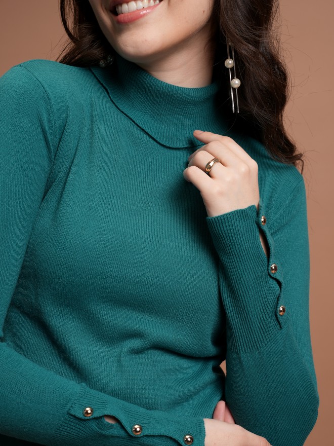 Tokyo Talkies Women Teal Turtle Neck Sweaters 