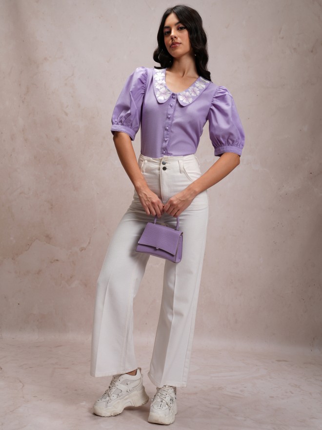 Tokyo Talkies Women Purple Solid Casual Shirts 