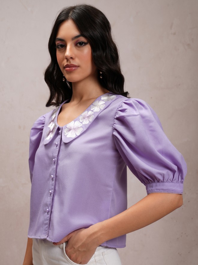 Tokyo Talkies Women Purple Solid Casual Shirts 