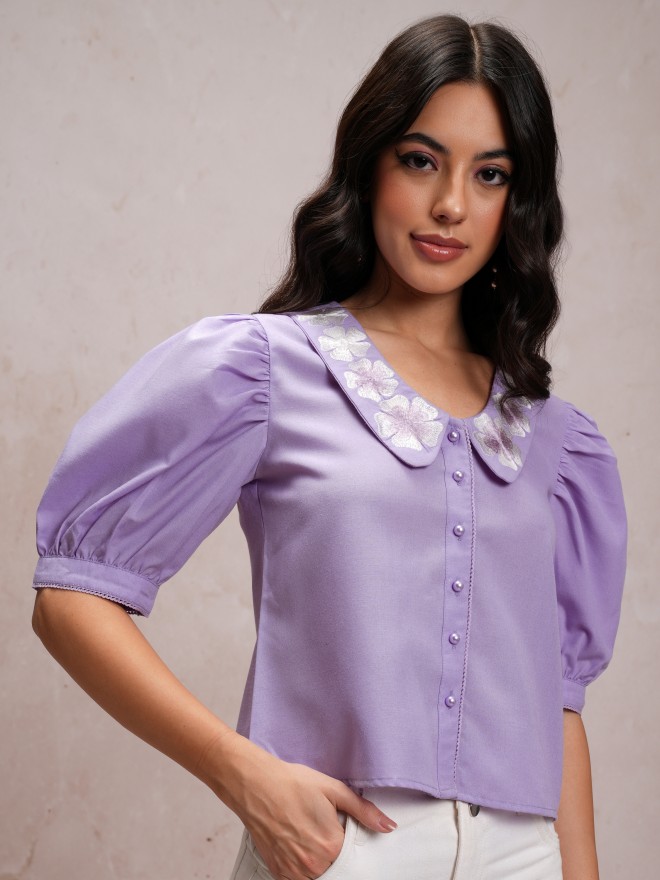 Tokyo Talkies Women Purple Solid Casual Shirts 